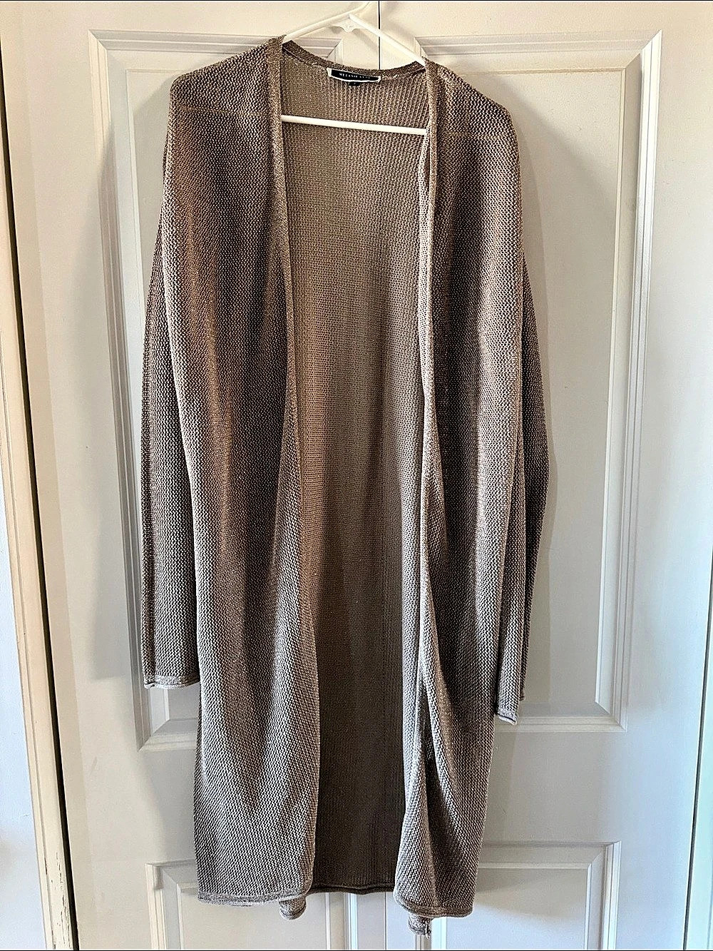 Melanie Lyne Metallic Lurex Long Duster Cardigan Taupe Beige Like New